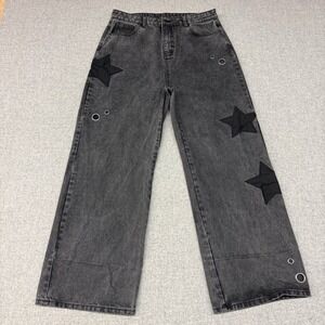 Daisy Street Wide Leg Jeans Size 17 Black Acid Wash Star Patch Grommet Pants